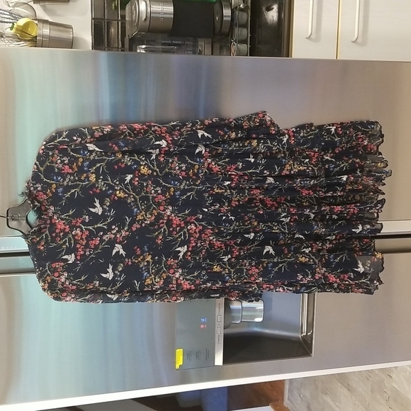 💕THE KOOPLES💕 Blue Bird Print Dress ~ Floral Long Sleeve 100% Silk Crepe Small - Picture 11 of 16